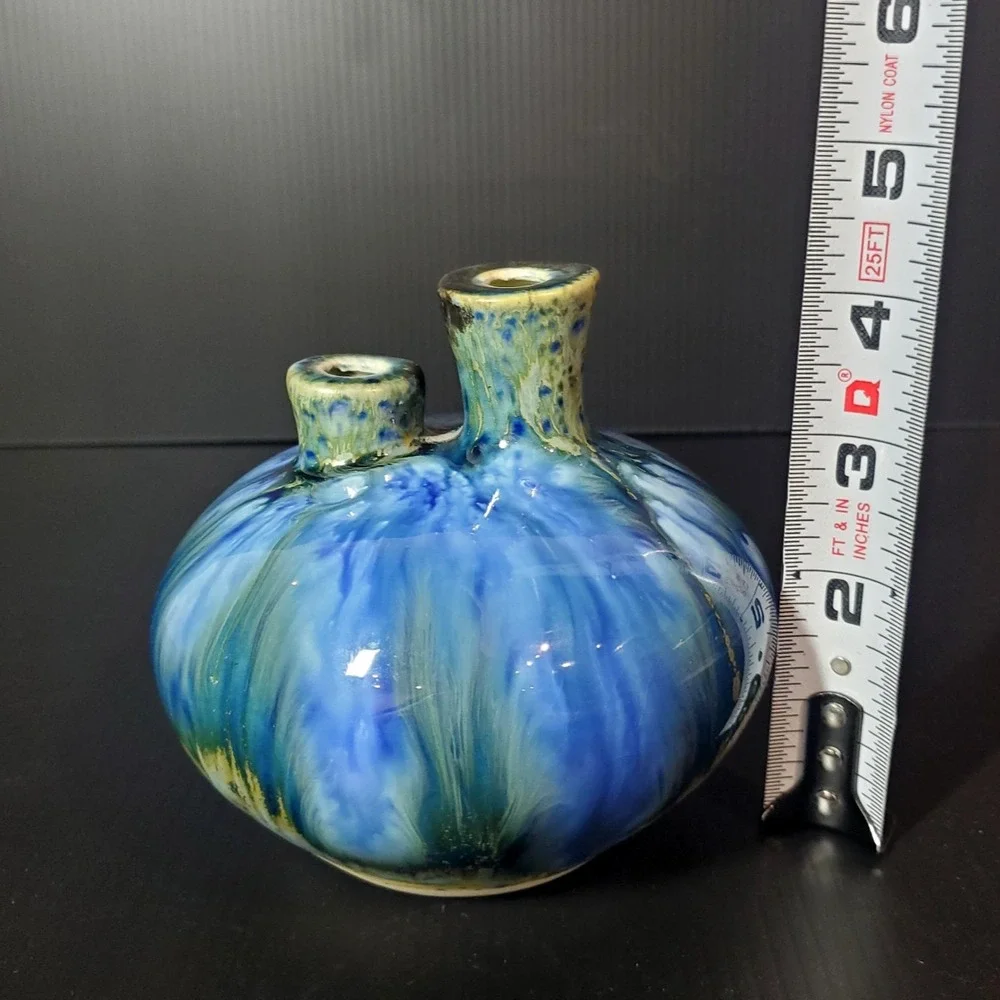 Blue and green glazed ceramic studio pottery vase small double bulbous bud‎ vase